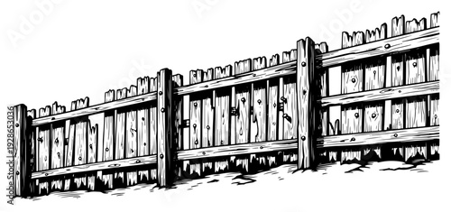 Detailed hand drawn sketch of an old weathered wooden fence in perspective view
