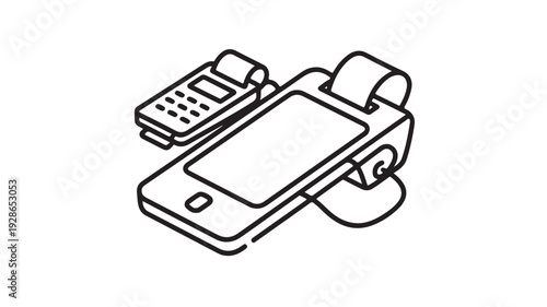 Point of Sale Terminal with Receipt Printer in Simple Line Art Style with Black and White Color Scheme on Plain White Background for Financial Transaction Illustration