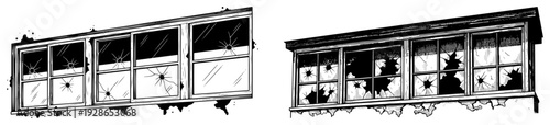 Set of broken windows with shattered glass panes for abandoned stadium or urban building designs