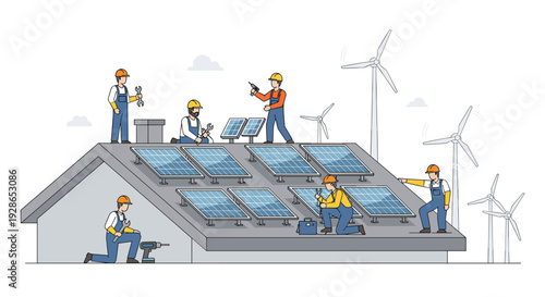 Six maintenance workers in blue overalls and orange safety helmets install solar panels on a grey house roof with wind turbines in the background.
