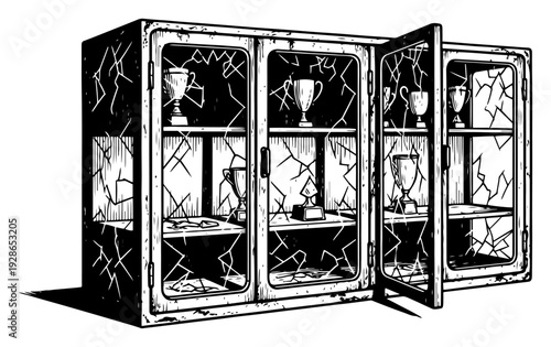 Abandoned trophy display cabinet with shattered glass doors and vintage awards inside