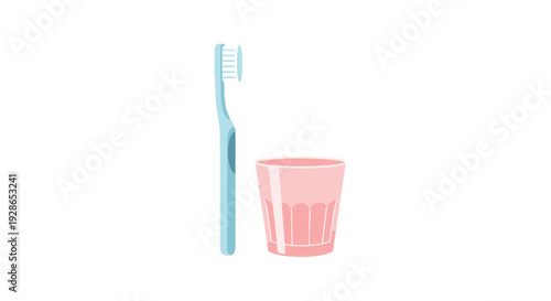A light blue plastic toothbrush with white bristles stands vertically next to a translucent pink drinking glass on a solid white background.