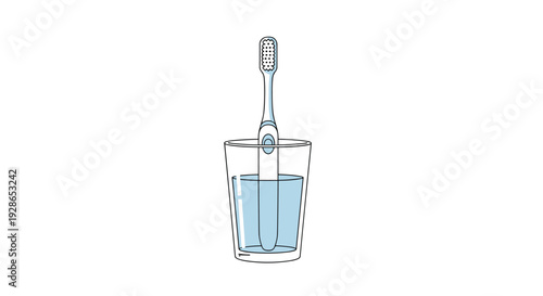 A white and blue electric toothbrush is submerged in a clear glass half-filled with blue water against a plain white background in a vector style.