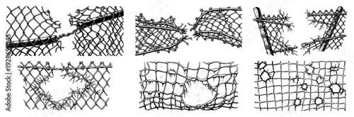 Collection of hand drawn sketches of torn and broken chain link fence segments