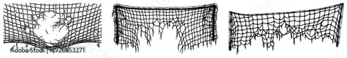 Set of hand drawn illustrations of torn soccer goal nets with holes and damage