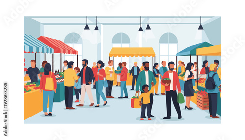 Vibrant farmers market scene with diverse crowd shopping