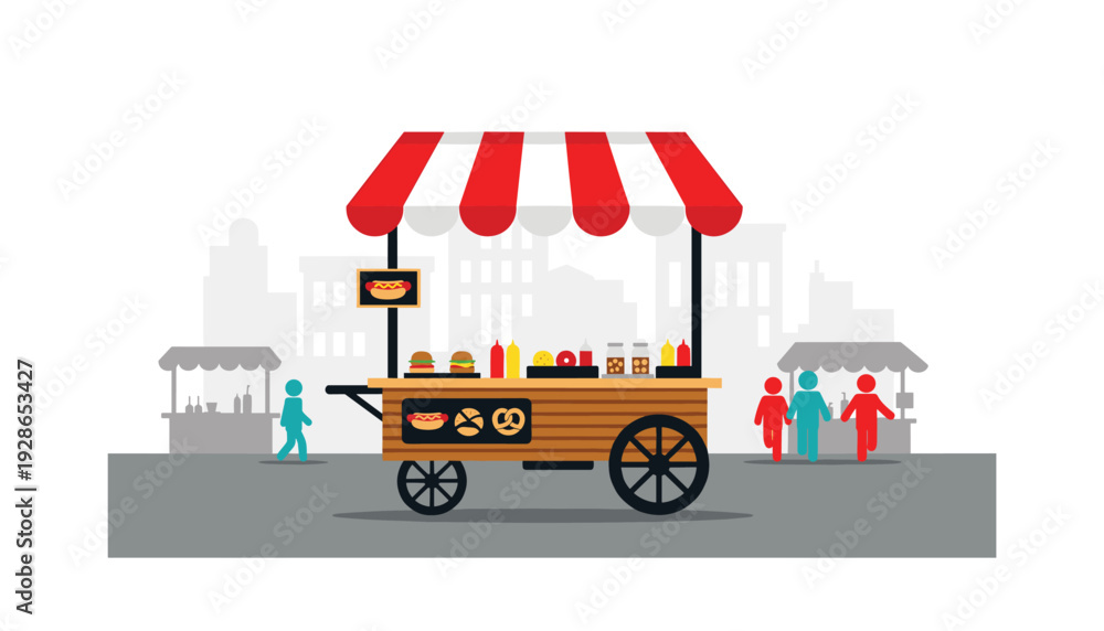 Fototapeta premium Colorful street food cart with people in urban setting