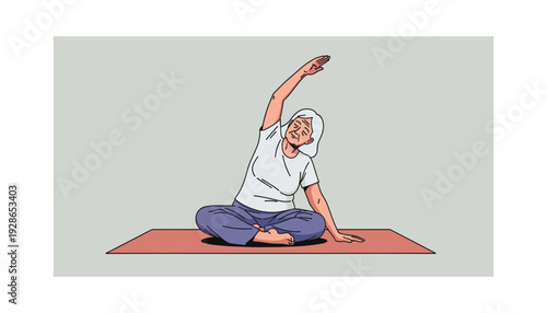 Senior woman stretching on yoga mat in serene pose