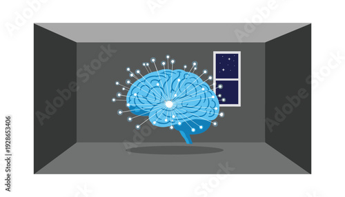 Glowing blue brain with neural connections in modern gray room