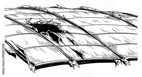 Hand drawn illustration of a damaged and torn stadium roof canopy with holes