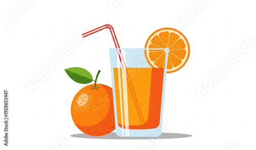 Orange juice vector illustration with whole and sliced citrus fruit in flat tropical design