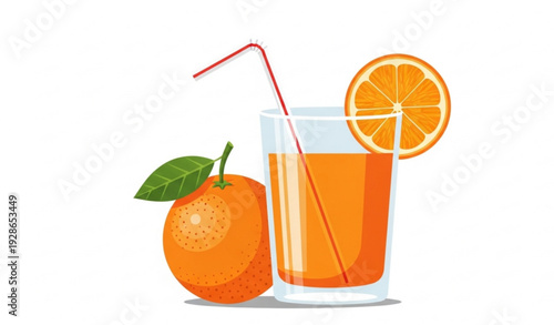 Orange juice vector illustration with whole and sliced citrus fruit in flat tropical design