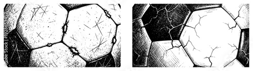 Detailed vintage sketches of cracked and scratched soccer ball textures closeup