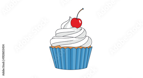 A single cupcake with a blue ribbed paper liner and a tall swirl of white frosting is topped with a bright red cherry on a white background.