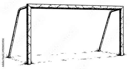 Hand drawn sketch of a soccer goal frame standing on a field pitch