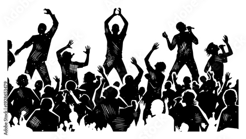 Silhouette of an energetic crowd cheering and jumping at a stadium sports event