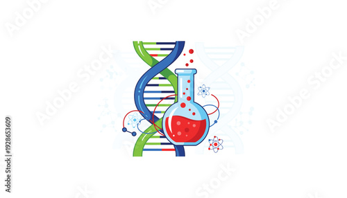 Vibrant DNA helix and beaker illustration for science and technology concepts