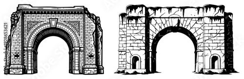 Vintage hand drawn sketches of ancient stone archways and crumbling architecture ruins