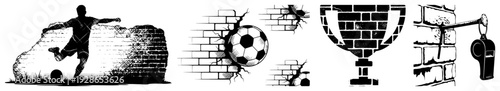 Collection of soccer sport icons including player silhouette trophy and ball breaking a wall