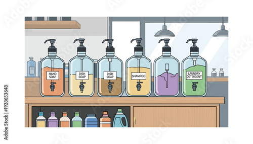 Colorful cleaning supplies in modern laundry room setup