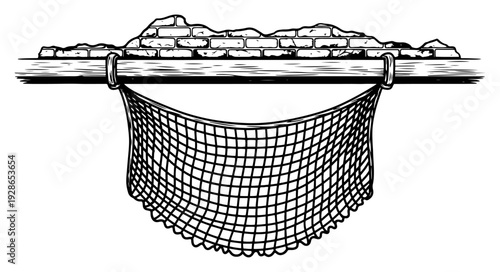 Detailed hand drawn illustration of a soccer goal net hanging below a brick wall