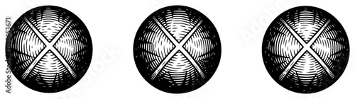 Three decorative spheres with engraved crosshatch texture and cross pattern design