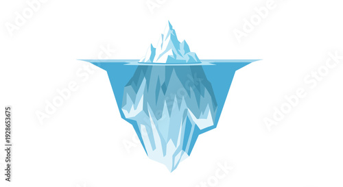 A large multi-faceted blue iceberg floats in the ocean with a small white peak visible above the water line against a white background.