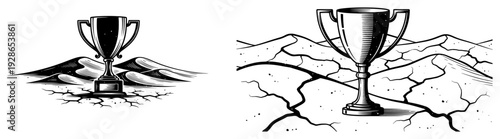 Champion trophy cups placed on rugged landscapes and cracked dry ground
