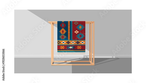 Vibrant textile display on wooden rack in modern room