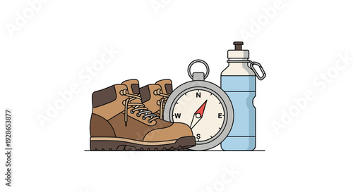 A pair of brown leather hiking boots sits next to a silver metal compass and a blue plastic water bottle on a white background.
