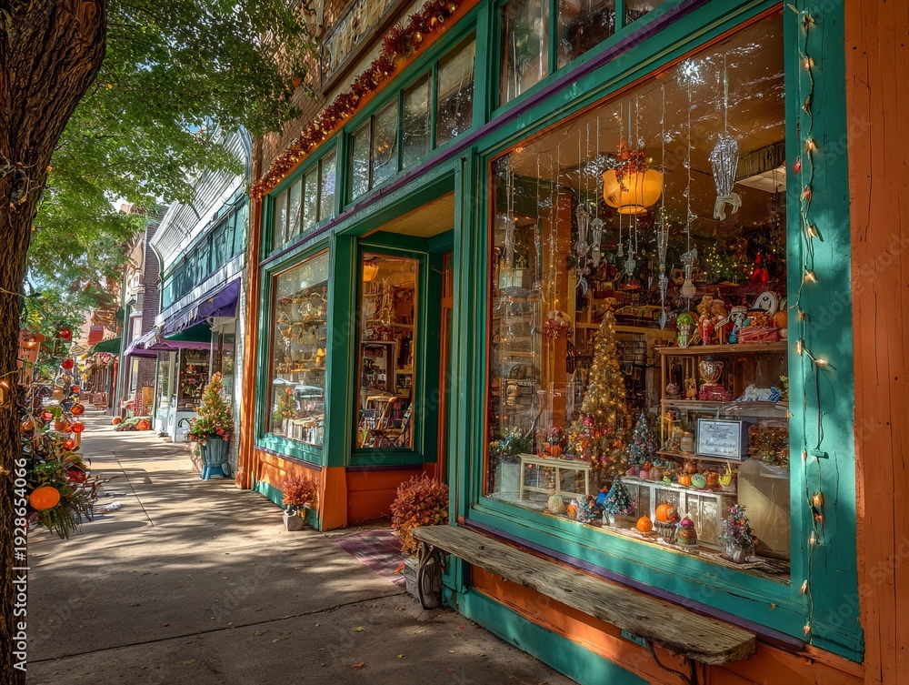 Obraz premium Charming storefront with inviting window displays, seasonal decor, and a sidewalk framed by trees