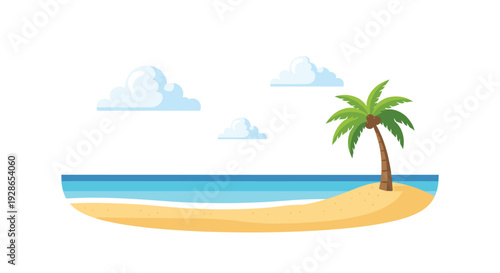 A single green palm tree grows on a sandy beach next to a calm blue ocean under a sky with three white clouds.