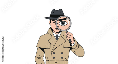 A cartoon detective in a tan trench coat and fedora holds a magnifying glass over his eye against a plain white background.