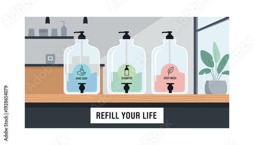 Modern bathroom counter with hand soap, shampoo, and body wash dispensers