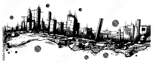 Abstract hand drawn skyline sketch of a city or stadium area with grunge textures