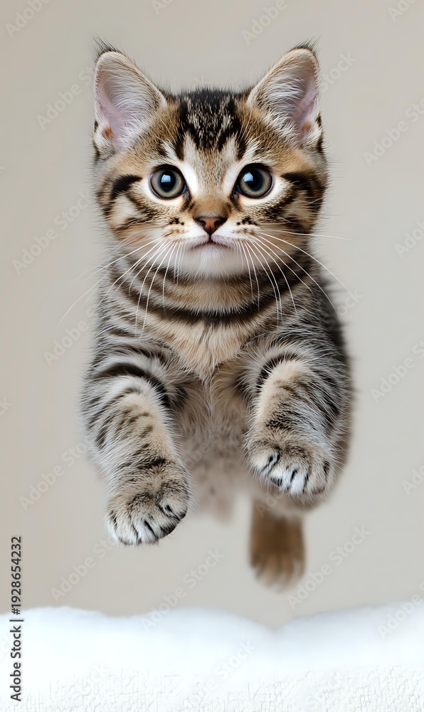 Obraz premium Adorable tabby kitten with blue eyes jumping playfully, striped fur pattern, domestic cat breed for pet adoption campaigns and animal welfare content.