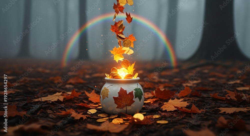 Fototapeta premium Magical autumn forest scene with a glowing pot overflowing with golden coins and falling leaves under a vibrant rainbow. Perfect for seasonal marketing, wealth concepts, financial abundance,
