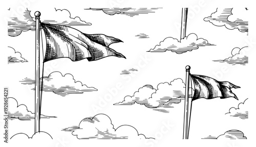 Vintage hand drawn stadium flags waving on poles against a cloudy sky background