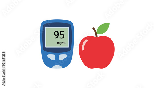 Blood glucose meter and healthy red apple for diabetes management