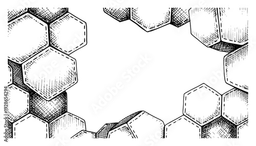 Abstract hexagonal soccer ball pattern with vintage hand drawn hatching texture