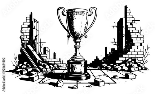 Large championship trophy standing on a pedestal surrounded by broken brick walls