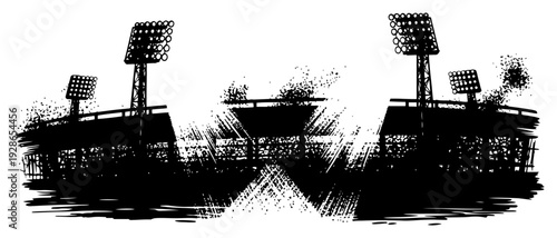 Abstract grunge illustration of a soccer stadium with bright floodlights and ink textures