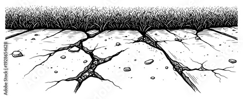 Abandoned stadium field landscape with deep cracks in concrete and tall grass