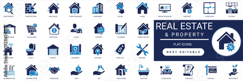 Real Estate and Property Solid Icon Set. Home, mortgage, Building, Rent, Sale, Investment, Realtor. Editable Vector Illustration.