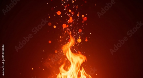 Dynamic fire flames with glowing sparks ascending against a dark, warm background. Perfect for Bonfire Night, Diwali, barbecue party invitations, powerful energy concepts,