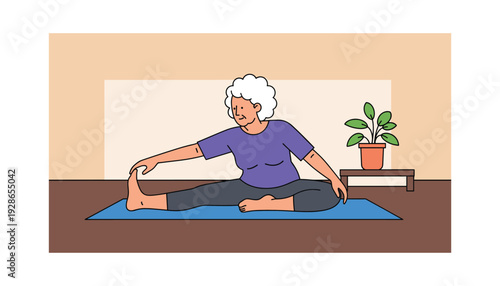 Elderly woman practicing yoga in serene home environment