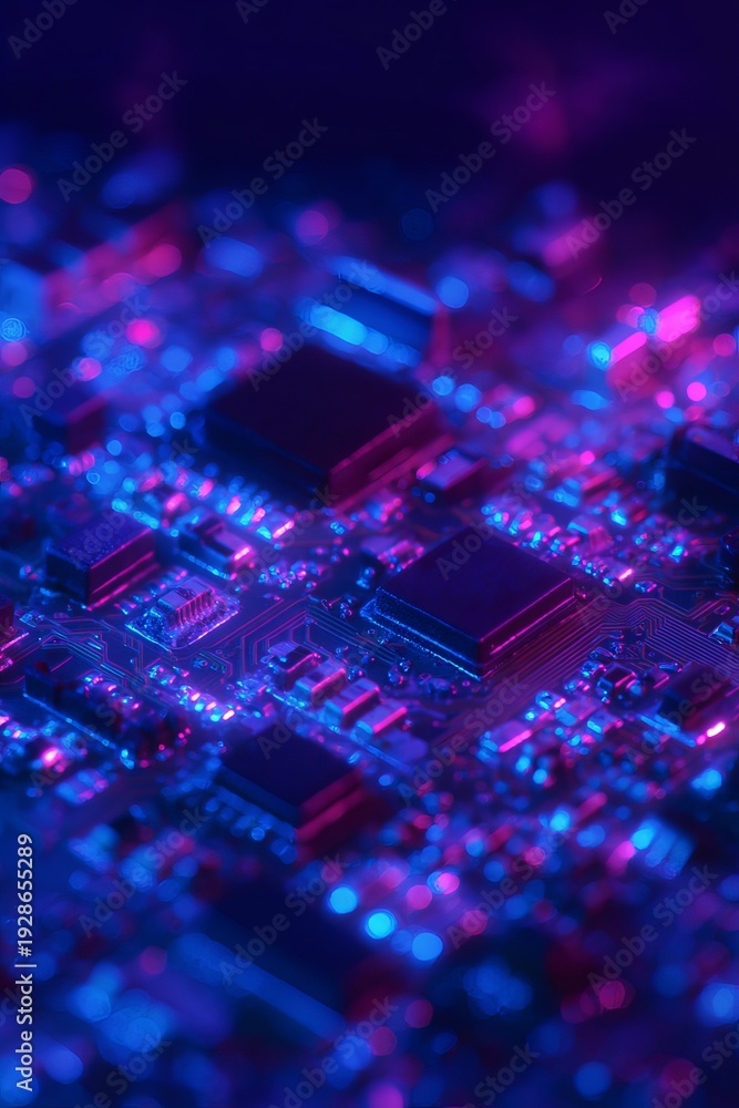 Fototapeta premium Close-up of a circuit board illuminated by vibrant purple and blue lights, showcasing intricate electronic components