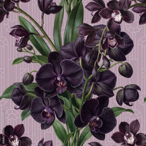 Seamless vector pattern with dark orchid flowers isolated on a changeable background with geometric Art Nouveau elements.