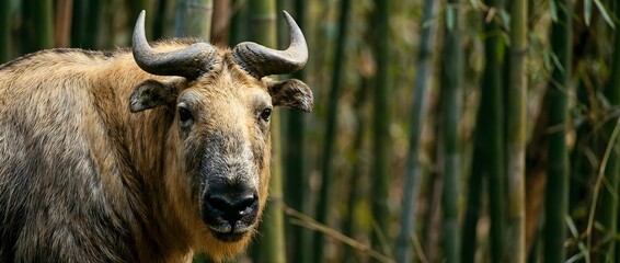 Close-up portrait of brown water buffalo with curved horns in natural bamboo forest habitat. Wildlife photography showcasing farm animal in tropical environment.