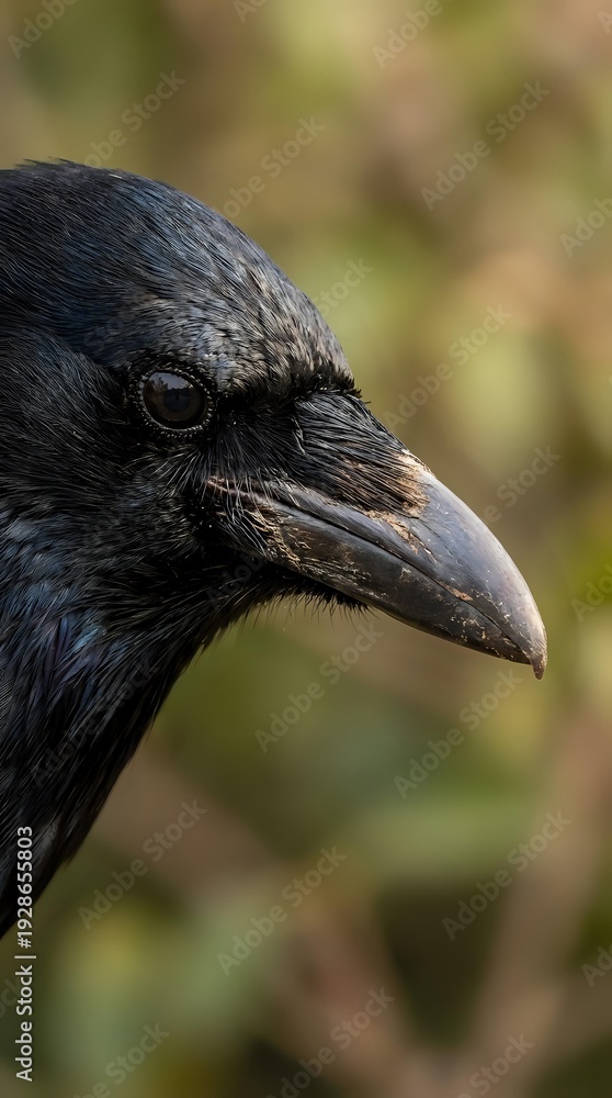 Fototapeta premium Close-up portrait of black crow head with detailed feathers and beak against blurred natural background for wildlife photography and nature content.